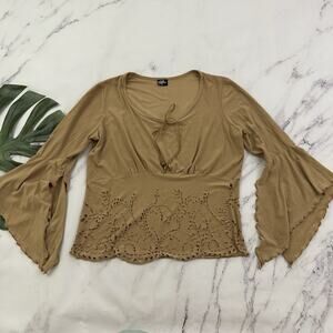 Styles Womens Vintage Y2k Bell Sleeve Top Size M Brown Peasant Floral Cutout